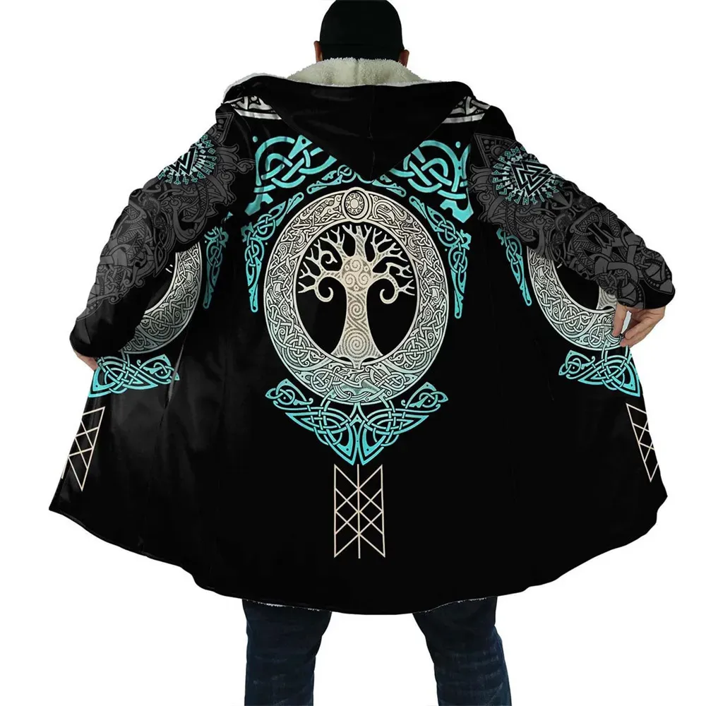 Men's Wool Blends CLOOCL Thick Warm Hooded Cloak for Men Tattoo Symbol Pattern Armor Overcoat Coat 3D Print Windproof Fleece Cape Hooded Blanket 231005