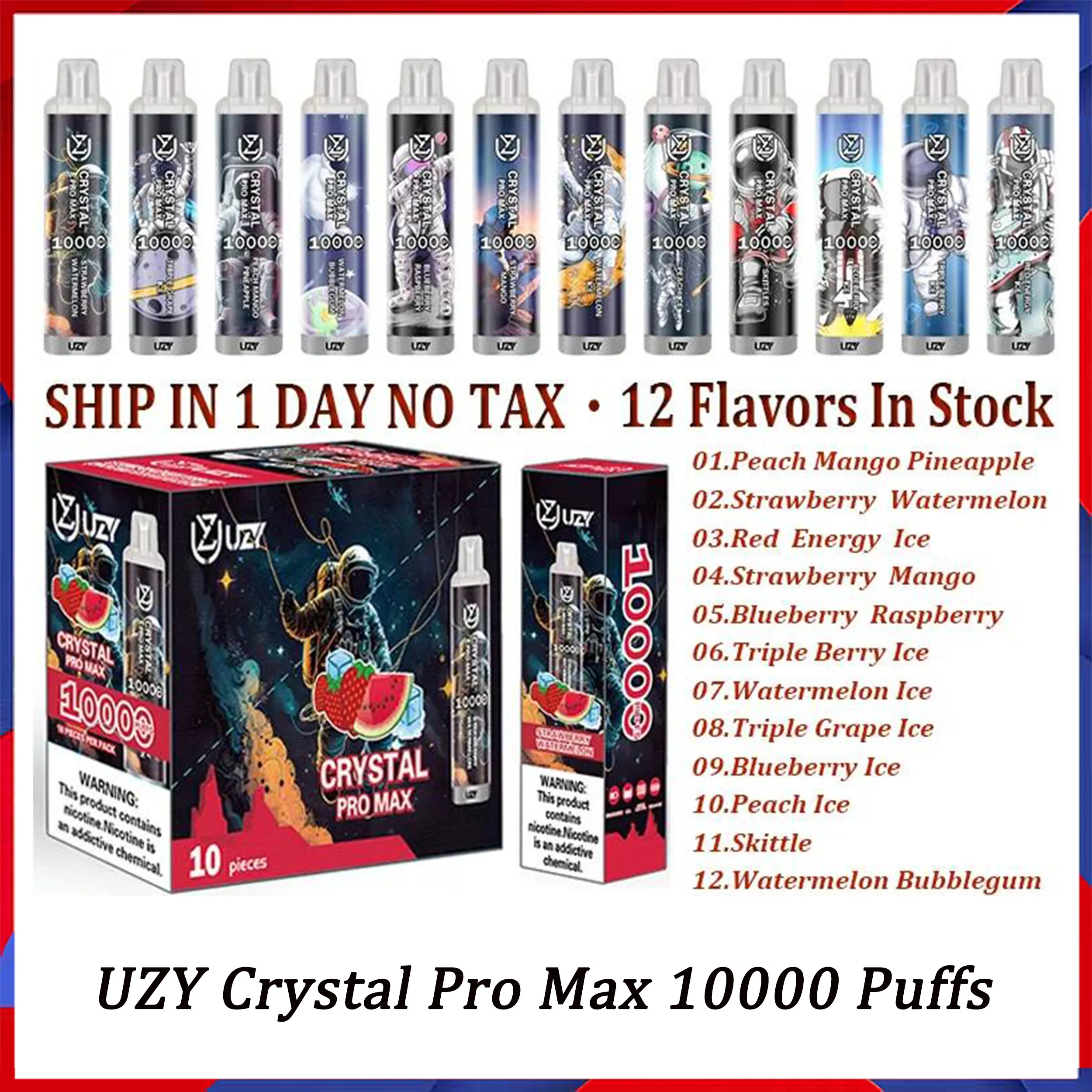 Originele UZY Crystal Pro Max 10000 Bladerdeeg Wegwerp E-sigaretten 1,2 ohm Mesh Coil 16 ml Pod Batterij Oplaadbare elektronische sigaretten Bladerdeeg 10K 0% 2% 3% 5% RBG Light Vape Pen