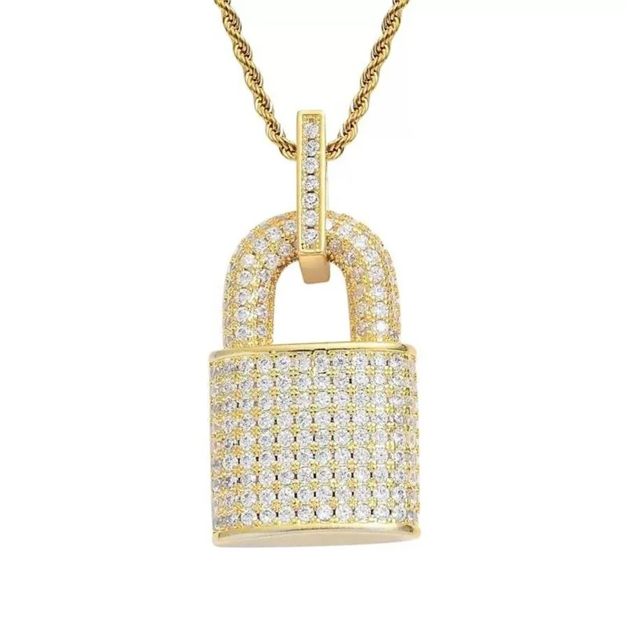 Bling Diamond Cubic Zircon Lock Halsband Hip Hop Jewelry Set 18K Gold Padlock Pendant Halsband Rostfritt stålkedjemode för 234B