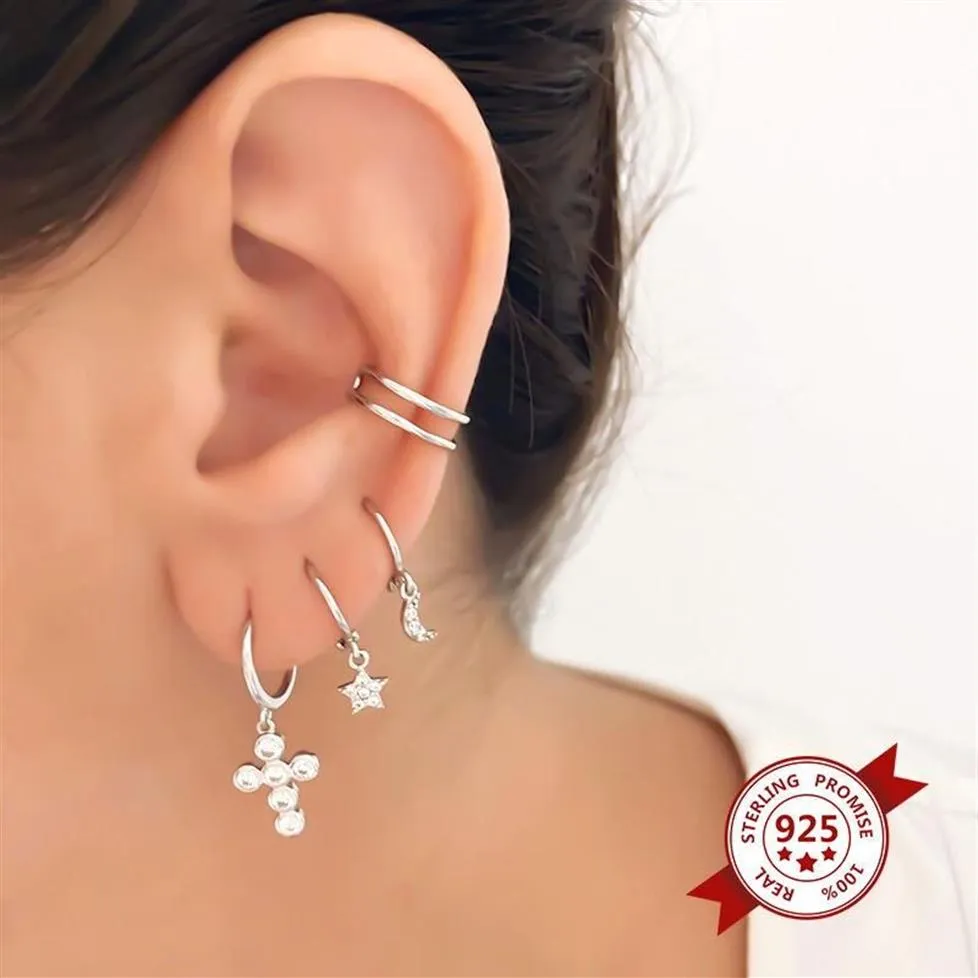 Sterling Silver White Zirconia Crystal Cross Earrings Exquisite Huggies Hoop Women's Korean Wedding Jewelry Huggie151p