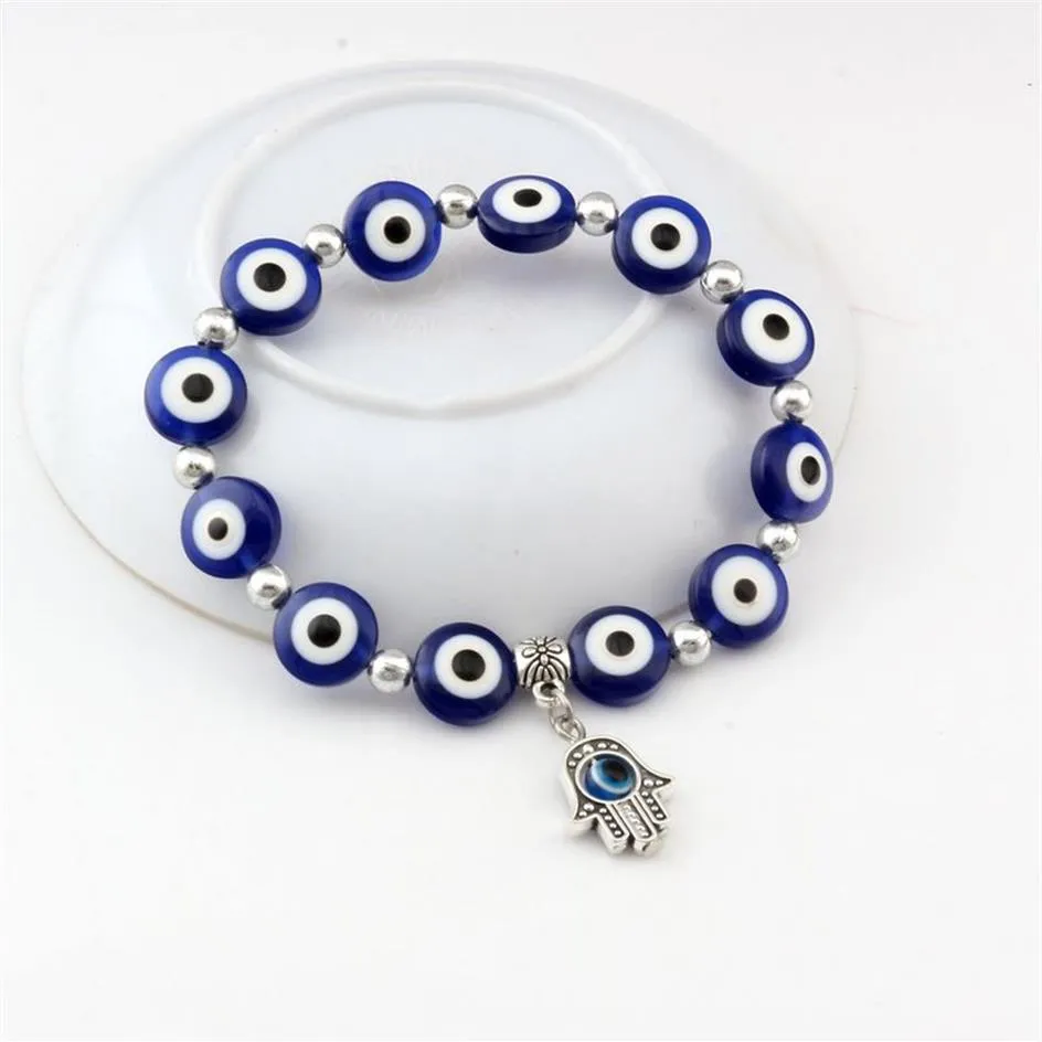 10pcs Hamsa Fatima Hand Evil Eye Beaded Bracelets Handmade Beads Elastic Band for Unisex288W