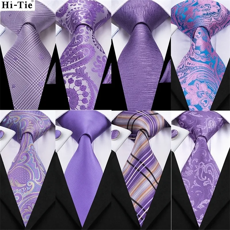 Arco laços hi tie luz roxo sólido seda gravata de casamento para homens qualidade hanky cufflink presente gravata conjunto moda novidade designer gota 231005