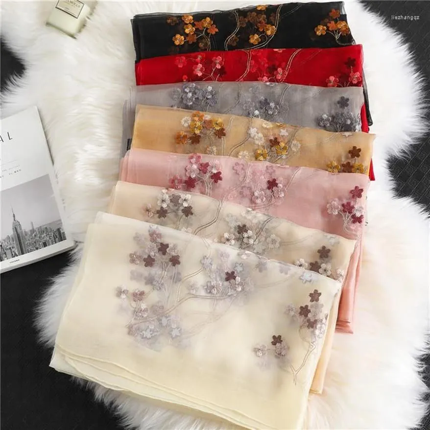 Scarves Silk Wool Scarf Cherry Blossom Embroidered Women Fashion Shawls And Wraps Lady Travel Pashmina High Quality Winter Neck274e