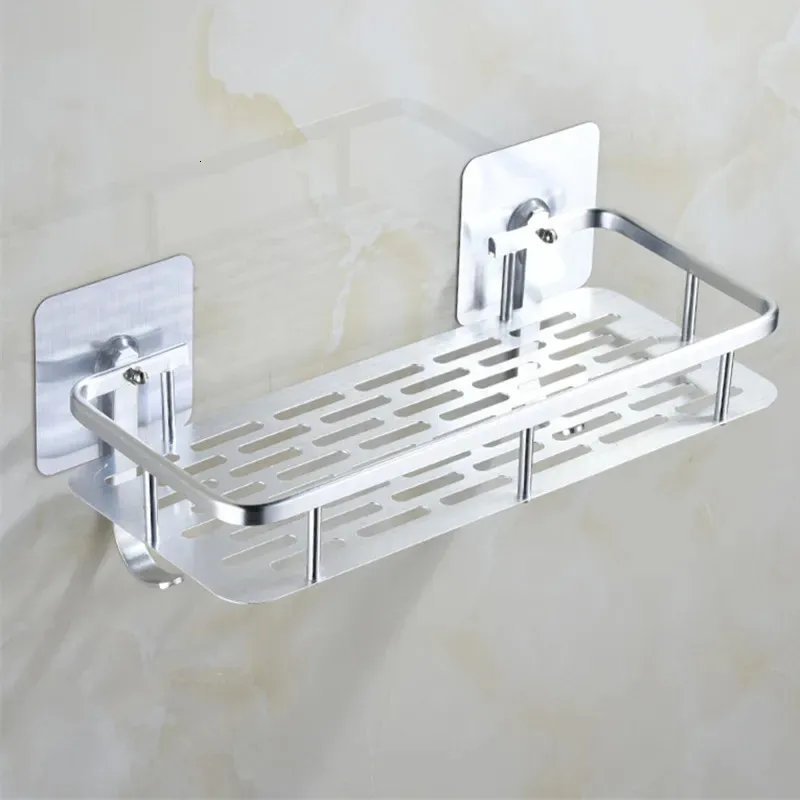 Bathroom Shelves Bathroom Wall Storage Shelf With Hook Aluminum Shower Caddy For Shampoo Holder Kitchen Rack Organizer No Drilling Rectangle 230926