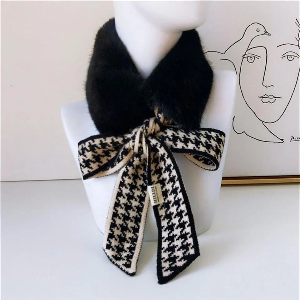 New Autumn Winter Houndstooth Fashion Crochet Knitted Scarf Foulard Femme Faux Fur Collar Neck Warmer Scarves for Women Y201007269V