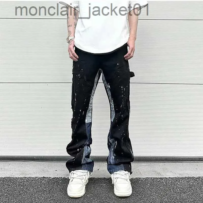 Mäns jeans Hip Hop Contrast Color Splice Speckled Ink Paint Micro Fleared Jeans för män rak baggy y2k denim byxor överdimensionerade vagnar J231006