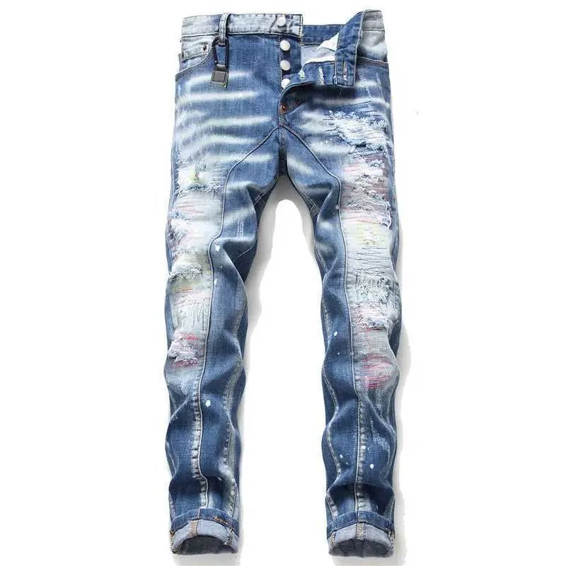 Męskie dżinsy męskie projektant w trudnej sytuacji rozryty motocyklista Slim Fit Motorcycle Denim Jean S Hip Hop Fashion Man Cool Rips Stretch Pants T1019W2QV