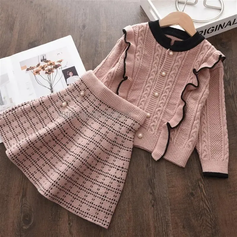 Ensembles de vêtements bébé filles pull tenue plus récent hiver tricoté volants couleur unie haut décontracté jupe vêtements 230927