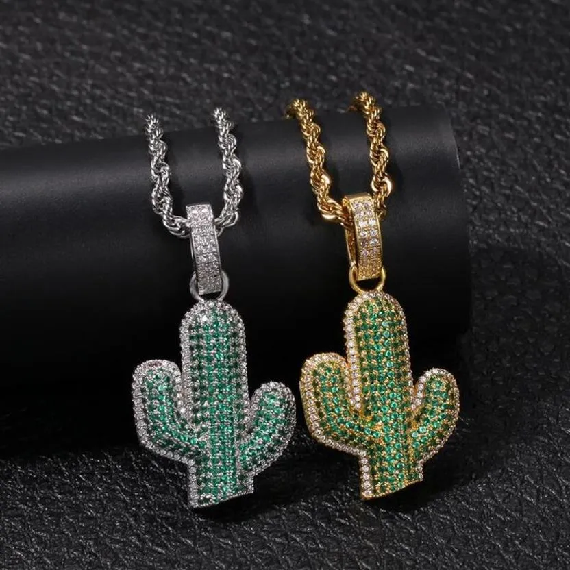 Hip Hop Solid Cactus Micro Paved Zircon Pendant Necklace with Stainless Steel Rope Chain Cuban Chain Necklaces206o