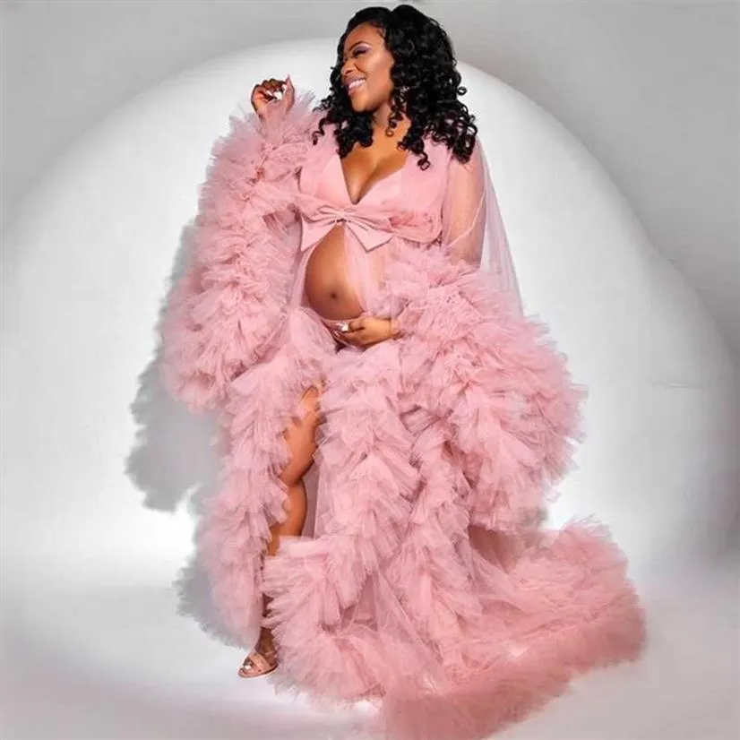 Fashion Ruffled Tulle Robe Pregnant Women Dress See Through Maternity Dress for Po Shoot Prom Gown Robes Custom Made Q0707278i