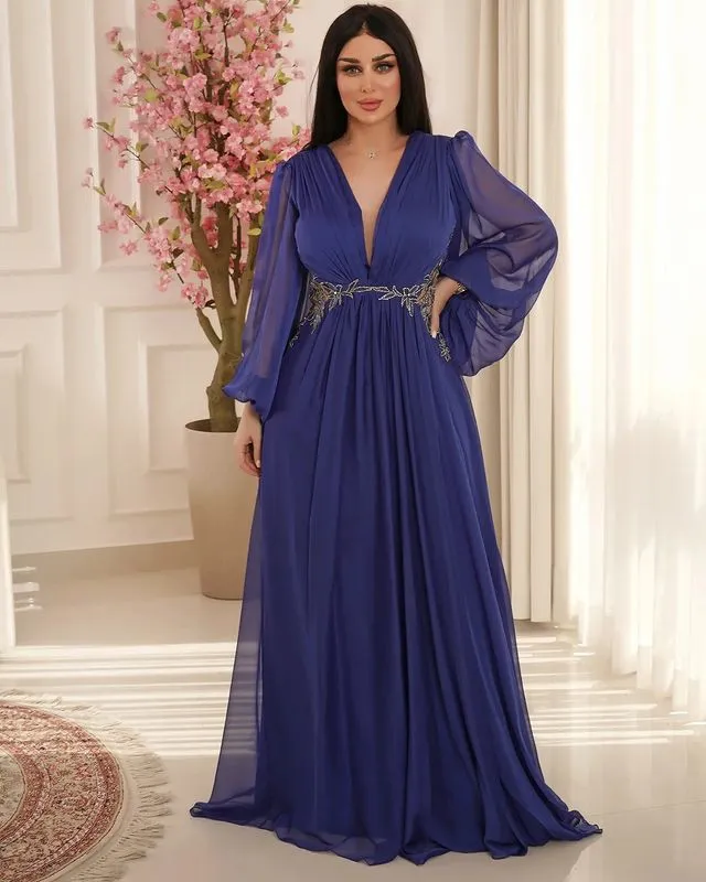 Oct Aso Ebi Arabic Royal Blue Chiffon Brud klänningar en linje spets kväll prom formell fest födelsedag kändis mor till brudgummen klänning zj