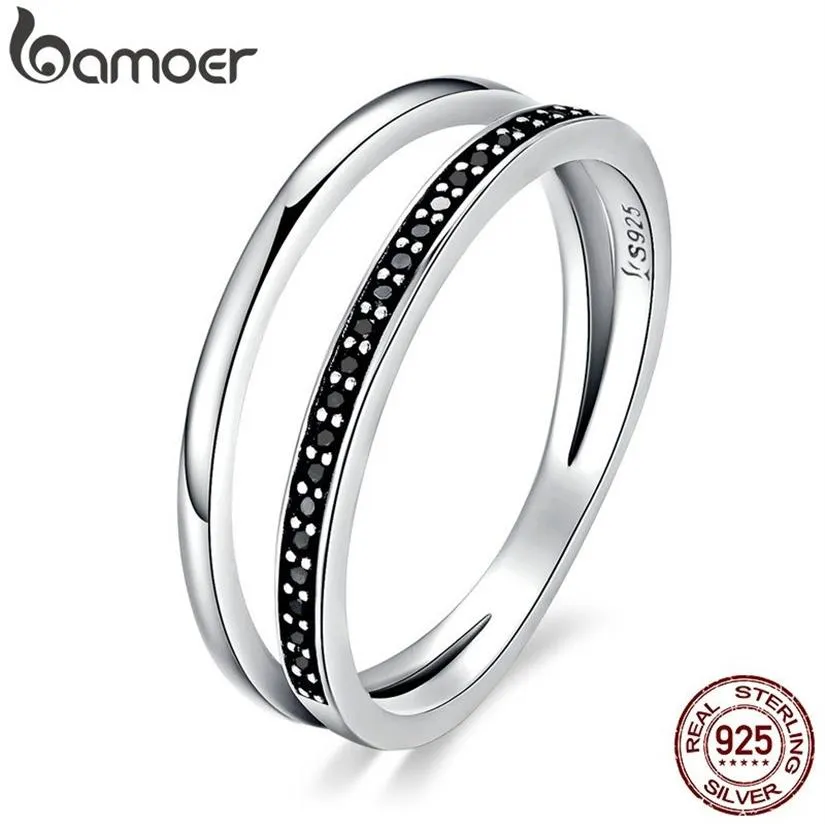 Véritable bague en argent sterling 925 double cercle noir clair CZ bague empilable pour femmes bijoux en argent fin cadeau SCR082 2011243E