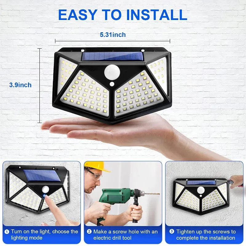 Solar Lights Outdoor 100LED Wall Lamp Motion Sensor Security Wireless Waterproof Lights for Garden Decor