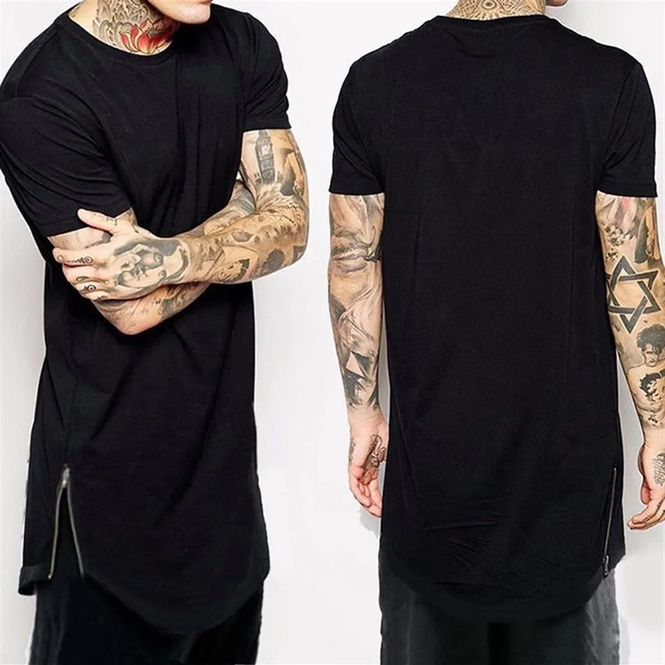 Nouveaux vêtements hommes noir long t-shirt fermeture éclair Hip Hop palangre extra longue longueur hauts t-shirts pour hommes grand t-shirt277A