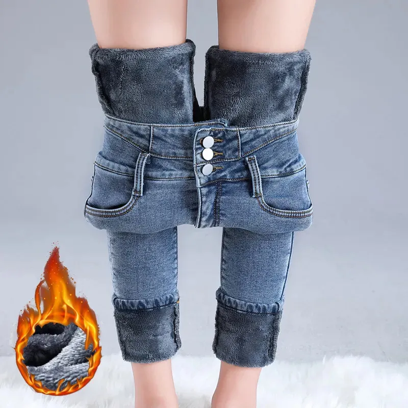 Kadın kot pantolon termal yüksek bel kış kar sıcak peluş streç bayan sıska kalınlaştırıcı öğrenciler denim pantolon polar kürk pantolon 231005