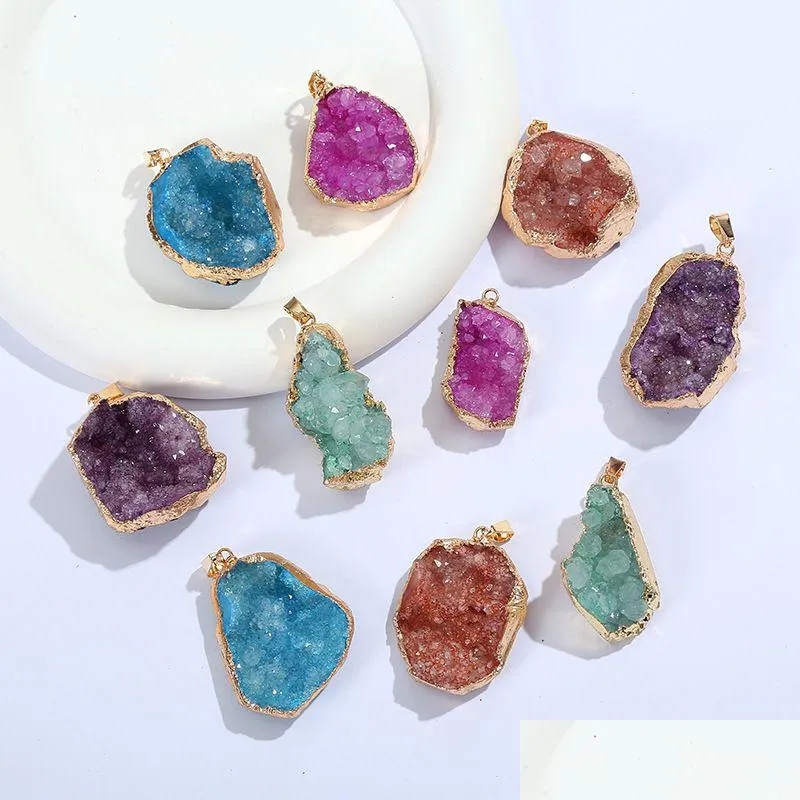 Charms Gold Ered Edge Natural Druzy Pendant Irregar Crystal Stone For Necklace Earrings Jewelry Making Accessory Drop Delive Dhgarden Dhkbi