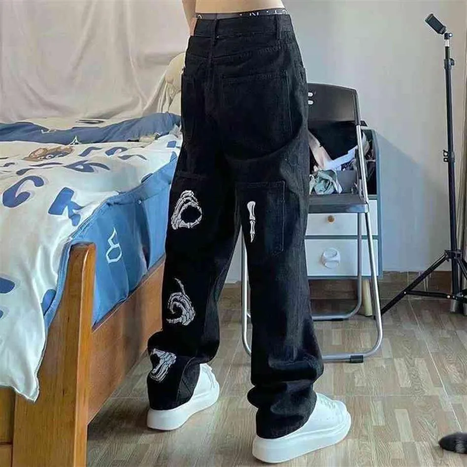 2022 Dark Streetwear Schädel Hand Druck Schwarz Hip Hop Männer Baggy Jeans Hosen Mehrere Taschen Gerade Lose Denim Hosen Spodnie t302f