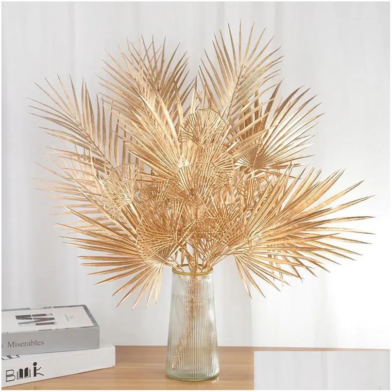 Flores decorativas grinaldas artificial planta de ouro dourado plam árvore folhas arranjo falso po adereços festa de aniversário de natal decoração de casa dh8vq