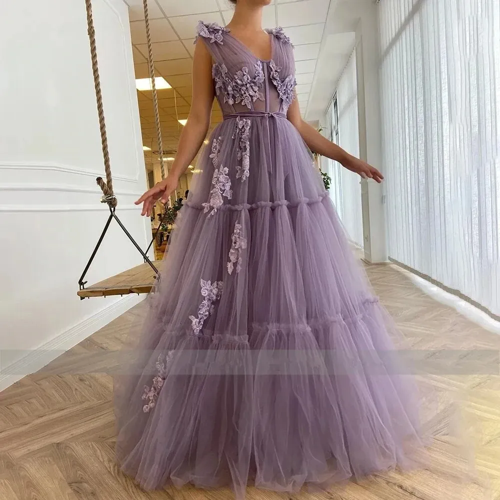Princess Purple Tulle V Neck Prom Dresses 3d Floral Applique Zipper Back Long Formal Party Evening Downs Custom 328 328