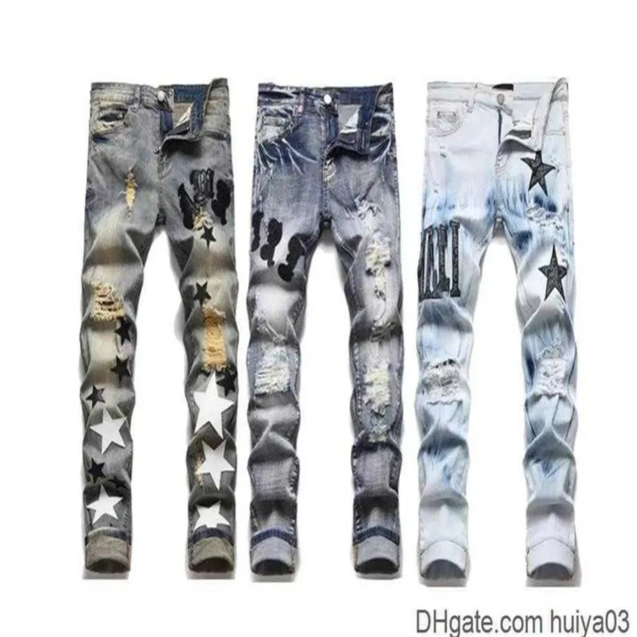 Jeans Mens Mektup Yıldız Helek Tasarımcısı Gevşek Nakış Patchwork Trend Marka Motosiklet Pantolon Erkek Sıska Giyim Huiya0216g