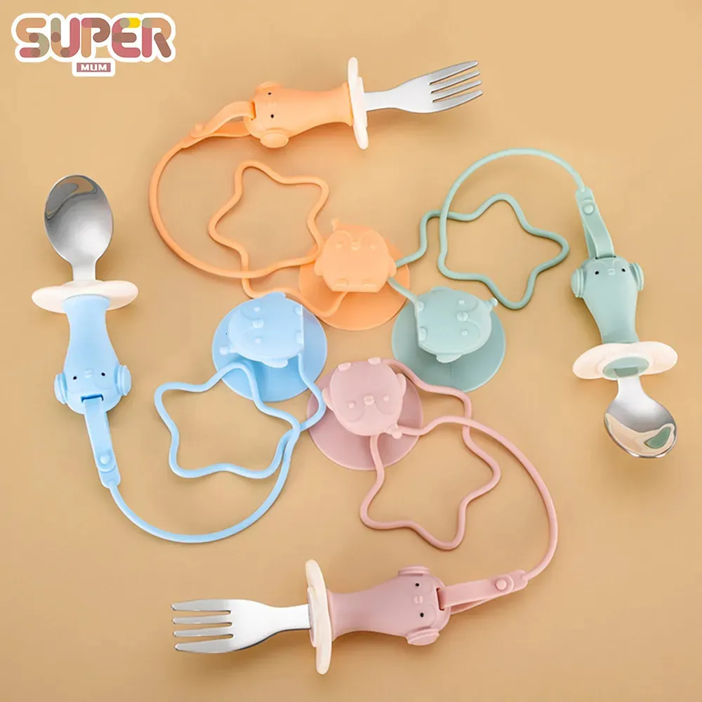 Tazze Piatti Utensili Gadget per bambini Set da tavola in silicone Utensile per bambini Acciaio inossidabile Stoviglie per bambini Posate Cartone animato Alimentazione infantile Cucchiaio Forchetta 231006