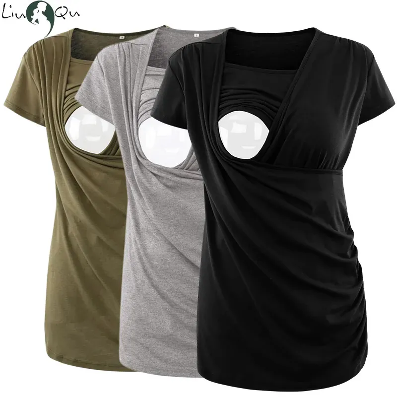 Tops de maternidade Camisetas Liu Qu Camisa de enfermagem para maternidade de manga curta Top feminino para gravidez e amamentação Camiseta casual lateral franzida Ropa Embarazada 231006