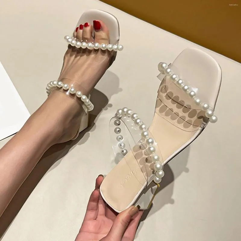 Clear Chunky Slip-on Tape Shoes Pearl Sandals Heel Ladies Sandal Fashionsquare High Toe Women's