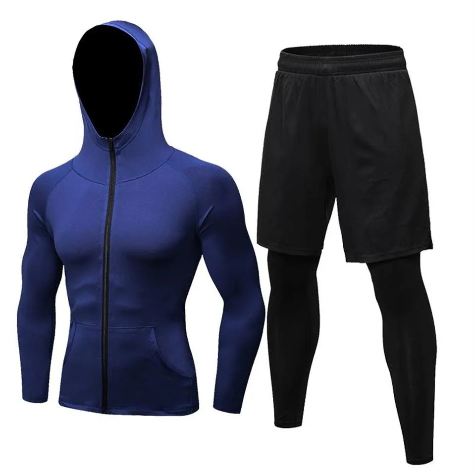 Outono conjunto de compressão dos homens inverno térmica ginásio fitness esportes terno correndo conjunto treino treino falso calça apertada esporte coat288u