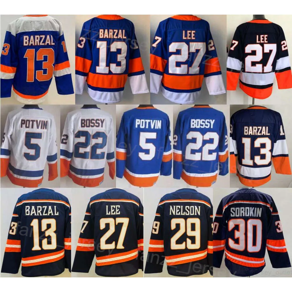 Odwrotne hokej retro 30 Ilya Sorokin Jerseys Man 22 Mike Bossy 5 Denis Potvin 13 Mathew Barzal 27 Anders Lee 29 Brock Nelson zszyte dla fanów sportu vintage oddychający