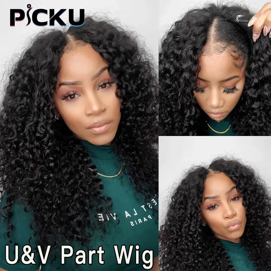 Syntetiska peruker V Part Wig Human Hair No Leave Out Brasiliansk djupvåg för kvinnor U Curly Glueless Virgin 250% 231006