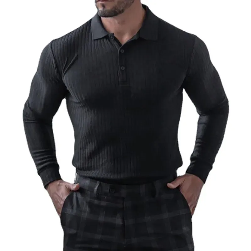 Mens Polos Autumn Knitted Long Sleeve Polo Shirt Men Spring Sports Gym Clothing Fitness Workout Skinny Tshirt Bodybuilding Tee 231006