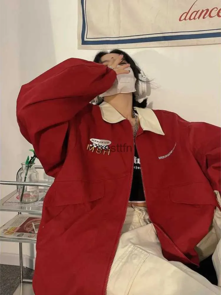 Herrjackor houzhou 90 -talets vintage röda jackor kvinnor y2k streetwear retro brev bomber jacka överdimensionerad hip hop lapptur hajuku beige coatsl231006