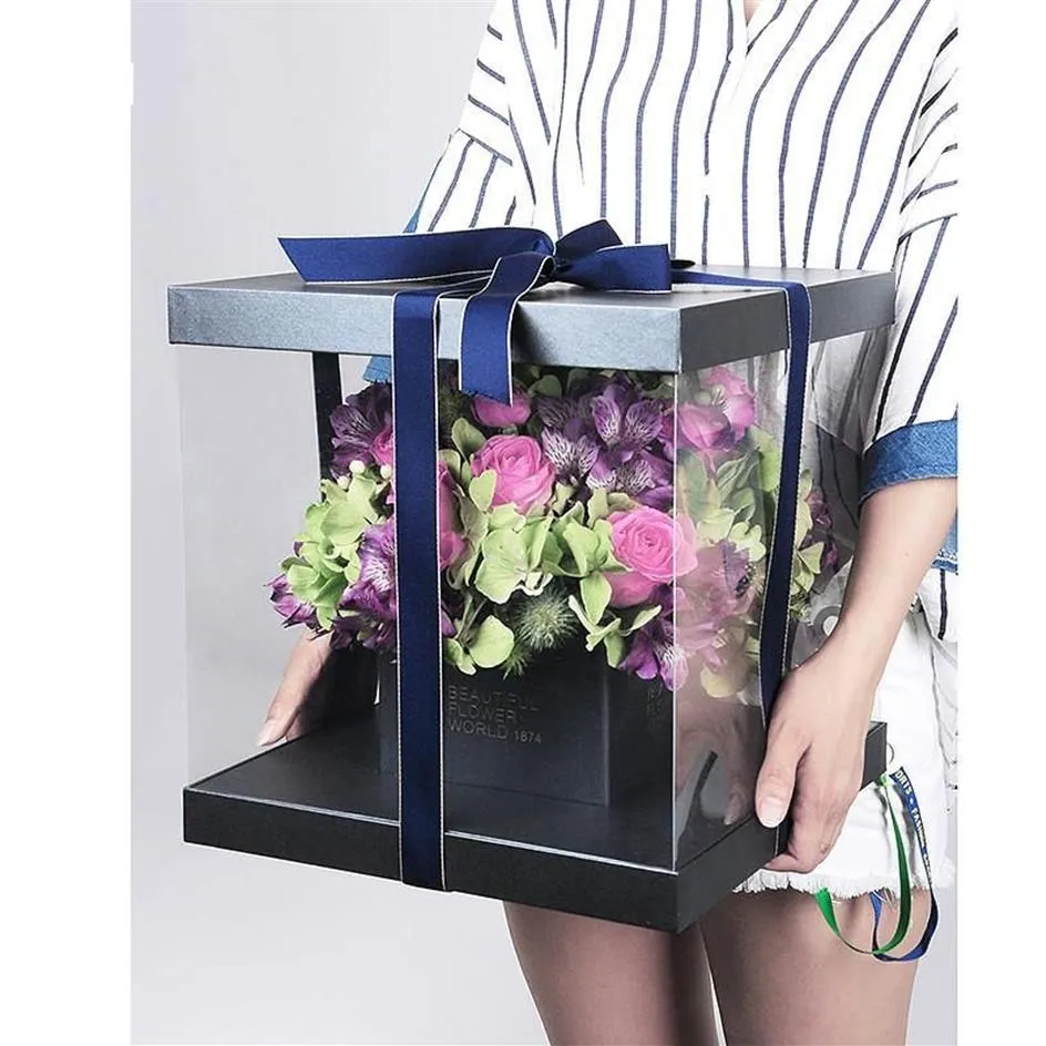 Present Wrap 30cm Högklassig koreansk Pure Color Round Flower Paper Boxar med lock Hug Bucket Florist Packaging PVC Box220x