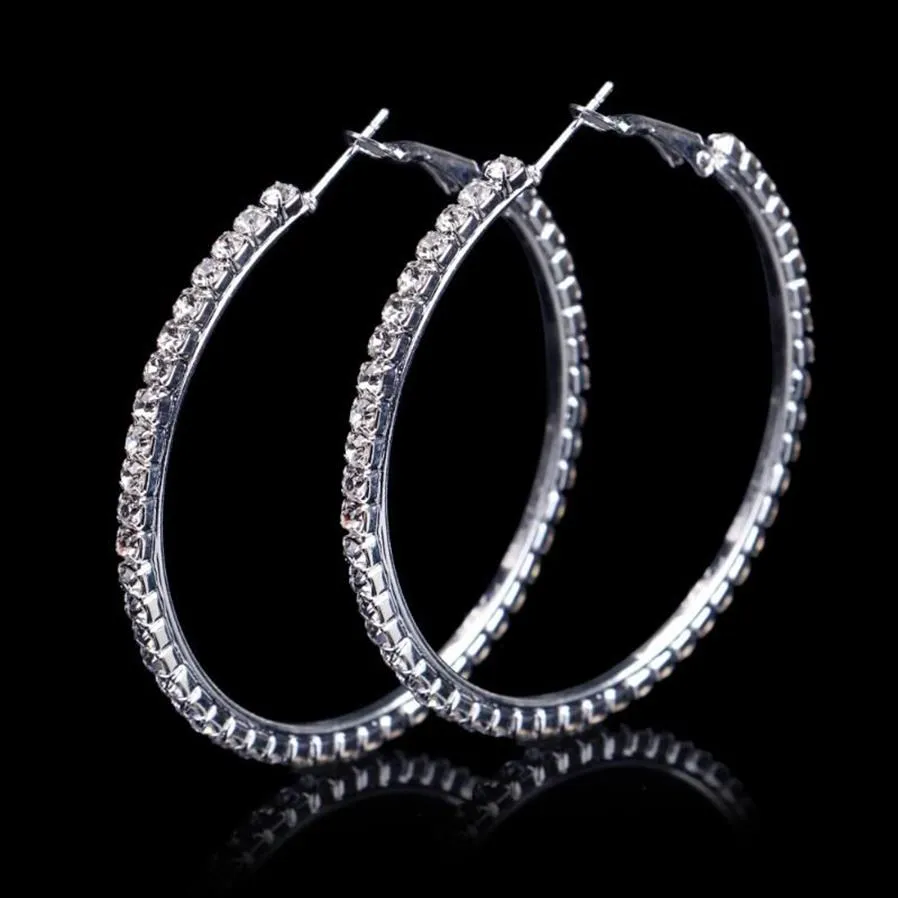 Hoop Huggie Moda Bayanlar 50mm Gelin Gümüş Renk Kristal Diamante Rhinestone Yuvarlak Küpeler Kadınlar İçin Düğün Balo Accessorie208J