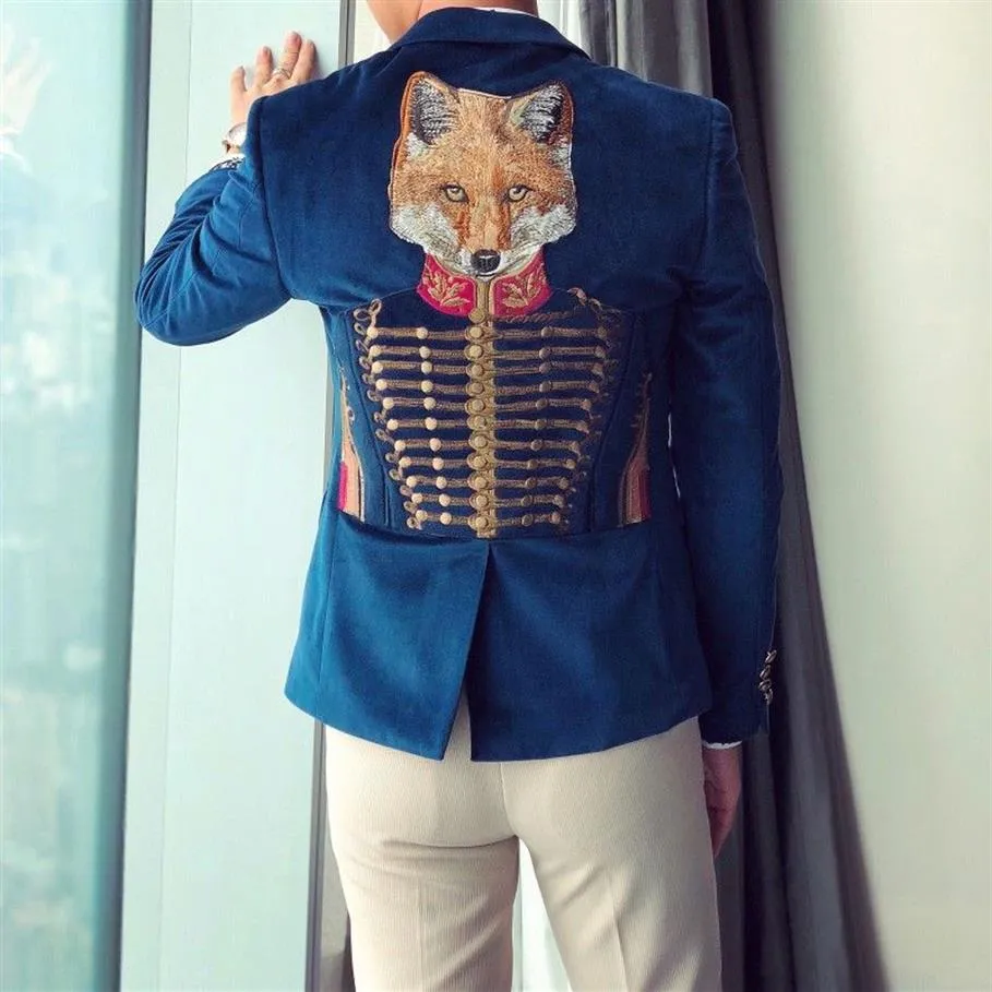 Moda İşlemeli Blazers Erkekler için İngiliz Tarzı Kraliyet Blue Velvet Beyefendi Blazer Zarif Parti Balo Jacket226J