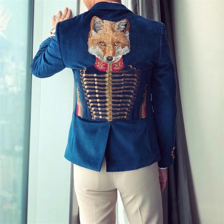 Fashion Embroidered Blazers For Men British Style Royal Blue Velvet Gentleman Blazer Elegant Party Prom Jacket226j