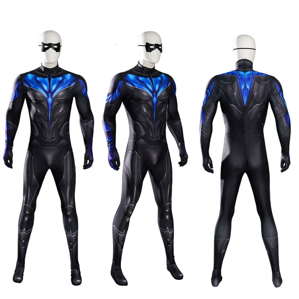 Man Blue and Black Nightwing Cosplay Dick Cospaly Costume 3d Printed Spandex Bodysuit Zentai Suit with Eye Maskcosplay