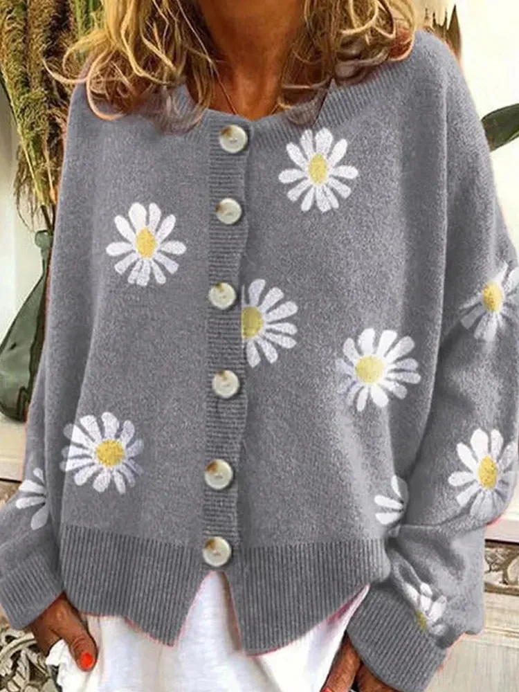 Women's Knits Tees Casual Daisy Floral Print Knitted Cardigan Cute Button Up Crew Neck Long Sleeve Sweaters for Women Retro 231006