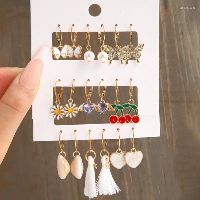 Dangle Earrings Fashion Bohemian Butterfly Flower Love Heart Cherry Pearl Tassel Earring Set For Women Rhinestone Drop Jewelry Gifts