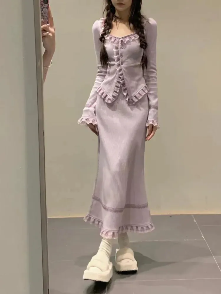Robe de deux pièces Deeptown Style coréen violet ensembles femmes Y2k Fairycore volants pièces à manches longues Bodycone Midi trompette robes automne 231005
