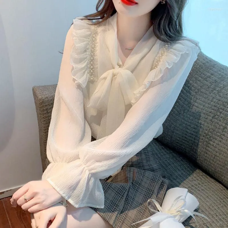 Women's Blouses Fashion Beading Ruffles Lace Up Bow Clothing 2023 Autumn Winter Loose Sweet Tops Butterfly Sleeve Shirts