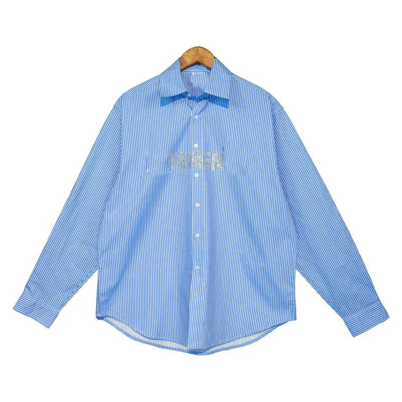 Chemise de créateur etemen nouvelle lettre imprimée cardigan chemise col montant veste à revers unisexe lâche rayé bouton up chemise tendance