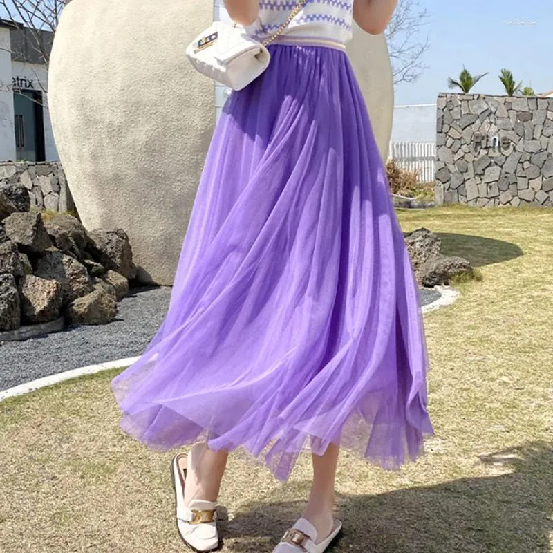 Skirts 2023 Spring Mesh Purple High Waist Skrit For Women Fashion Slim Fit Pleated Mid-length Skirt Female Elegant Holiday Faldas