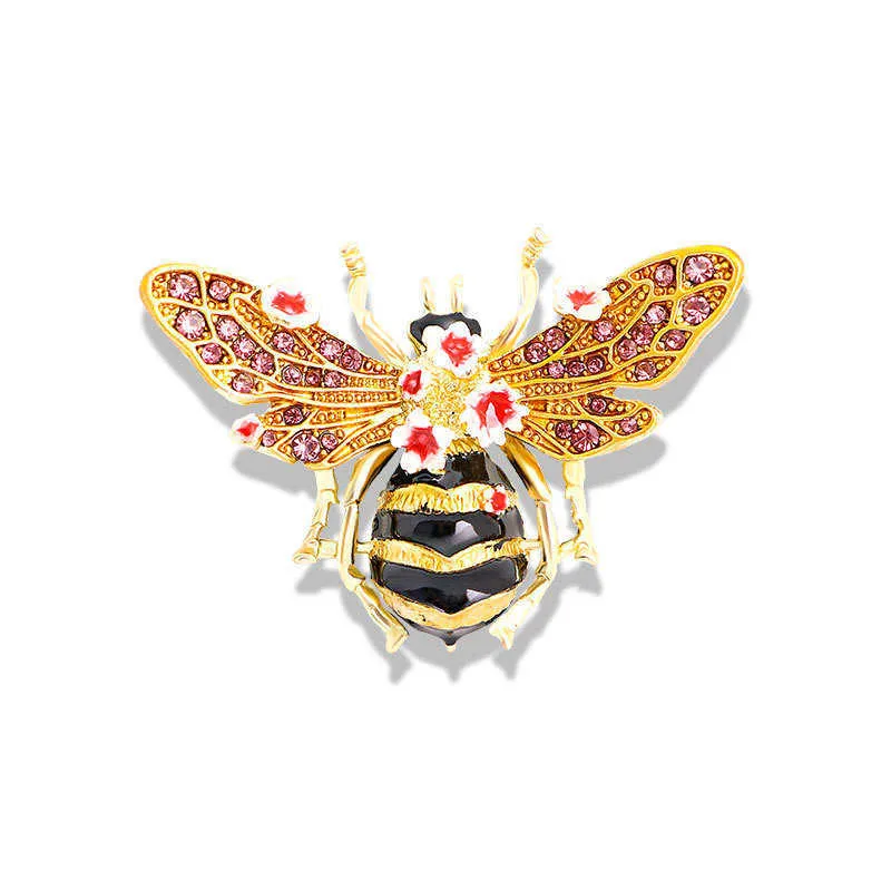 Broche de luxe de styliste, en émail peint à la main, à paillettes, diamant, abeille, fleur rose, broche créative personnalisée, sentiment haut de gamme