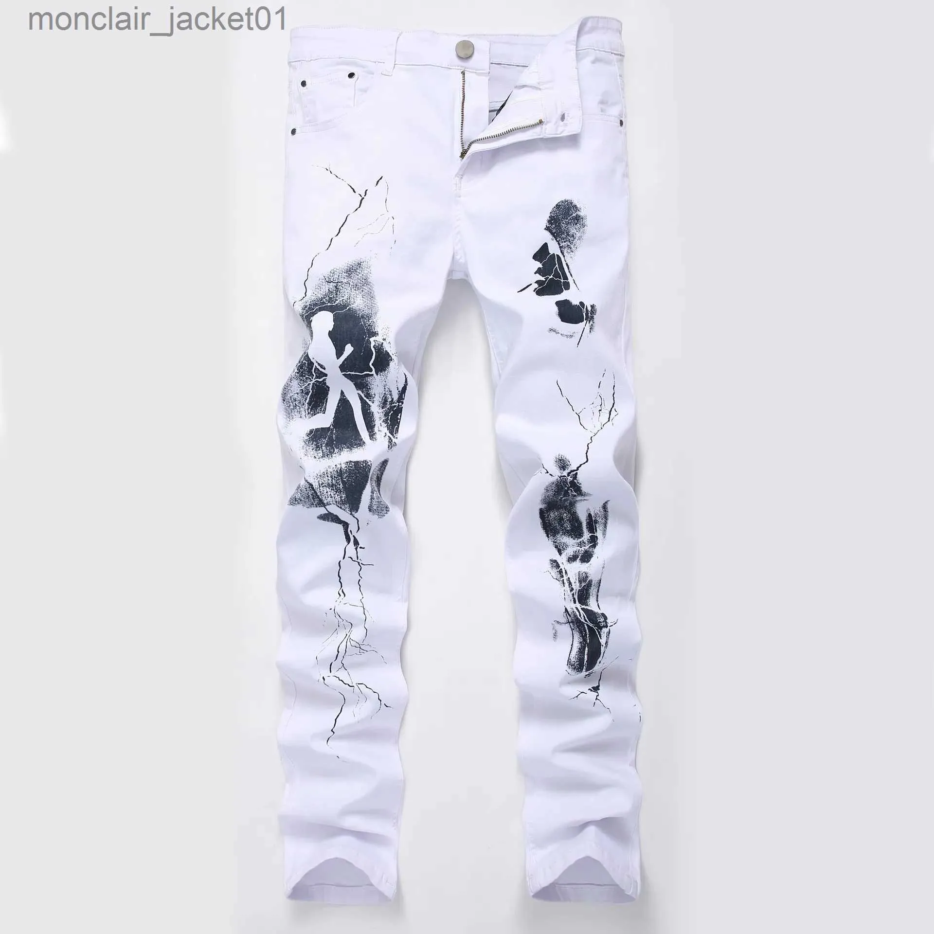 Mens Jeans Fashion Painted Denim Slim Fit White Jeans Men Hip Hop ...