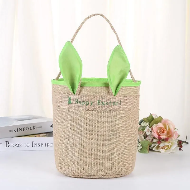 Burlap Happy Easter Basket with Bunny Ears Baskets Jute Bucket Tote Bag Cute Easter Eggs Gift Handbag DIY Rabbit Ears Put Storage Bags