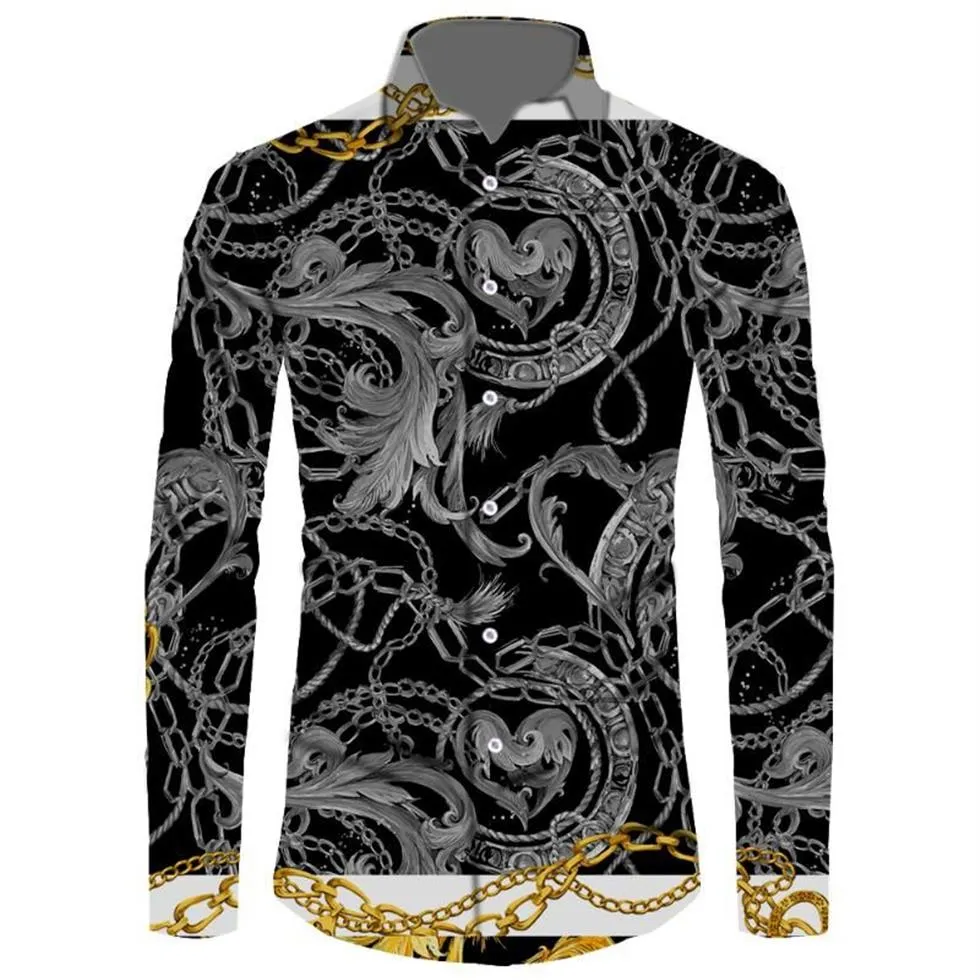 Chemises décontractées pour hommes Modèle personnalisé Chemise à manches longues Hommes Top Noir Or Baroque Tees Gris Rococo Vintage Imprimé Vêtements2586