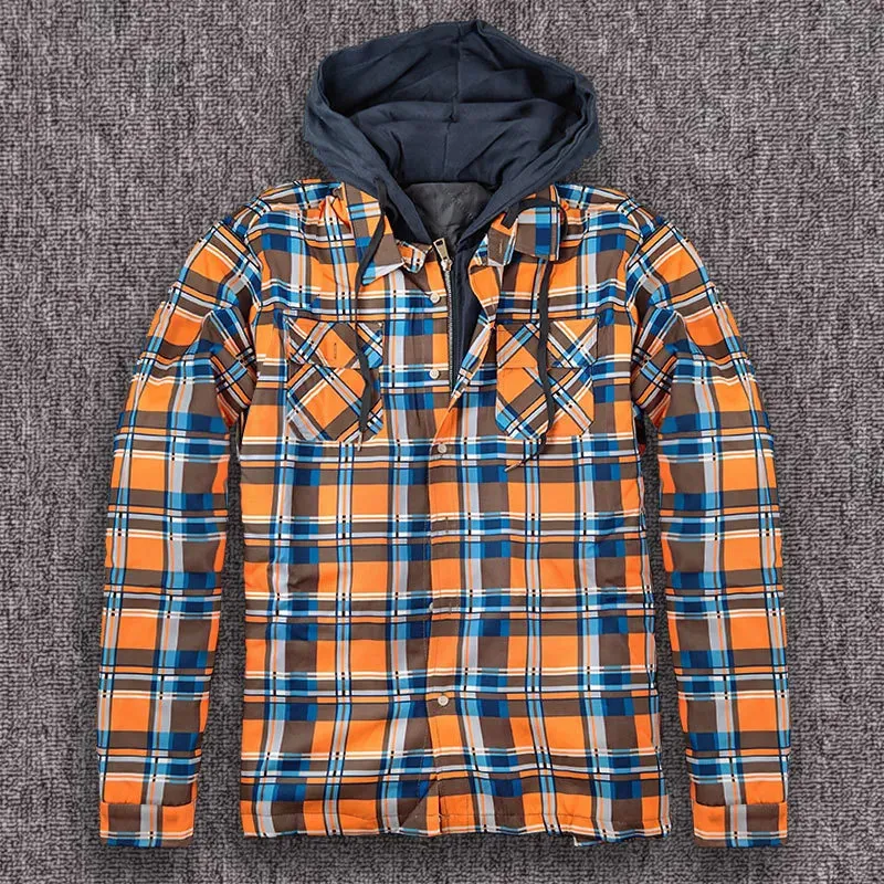 Männer Jacken Herbst Flanell Für Männer Mode Langarm Kariertes Hemd Jacke Quilt Gefüttert Mit Kapuze Mit Taste Unten Winter Mantel männlichen 231005