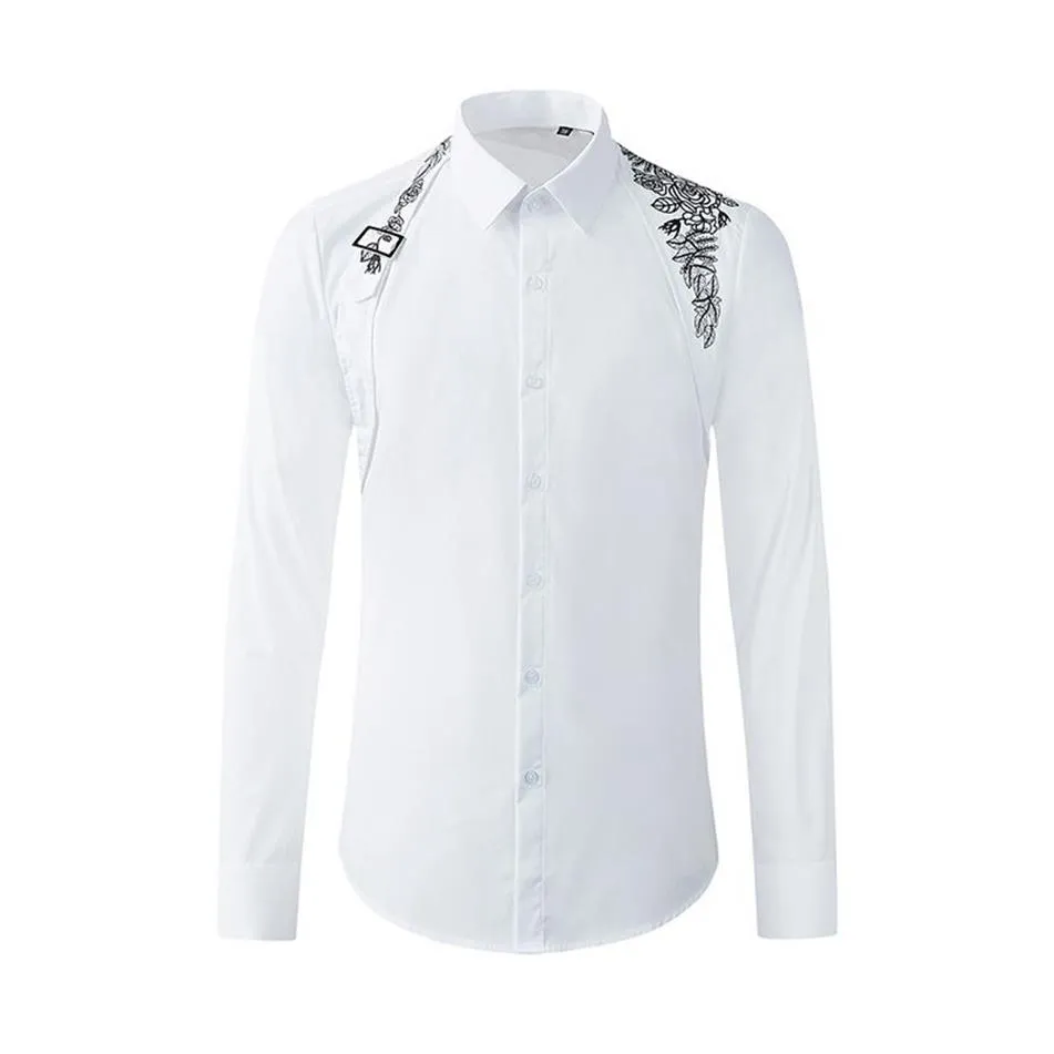 Boucle en métal ruban sur l'épaule hommes Chemise à manches longues mince Chemise homme haut de gamme pur coton affaires homme robe Shirts319Z