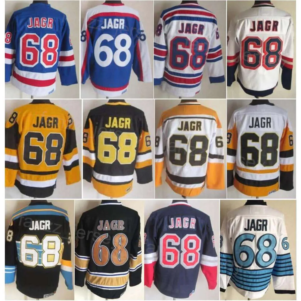 Uomo Vintage Hockey 68 Jaromir Jagr Maglie retrò Classico CCM Tutto cucito Colore della squadra Nero Bianco Blu Giallo Pullover in pensione per gli appassionati di sport Puro cotone traspirante